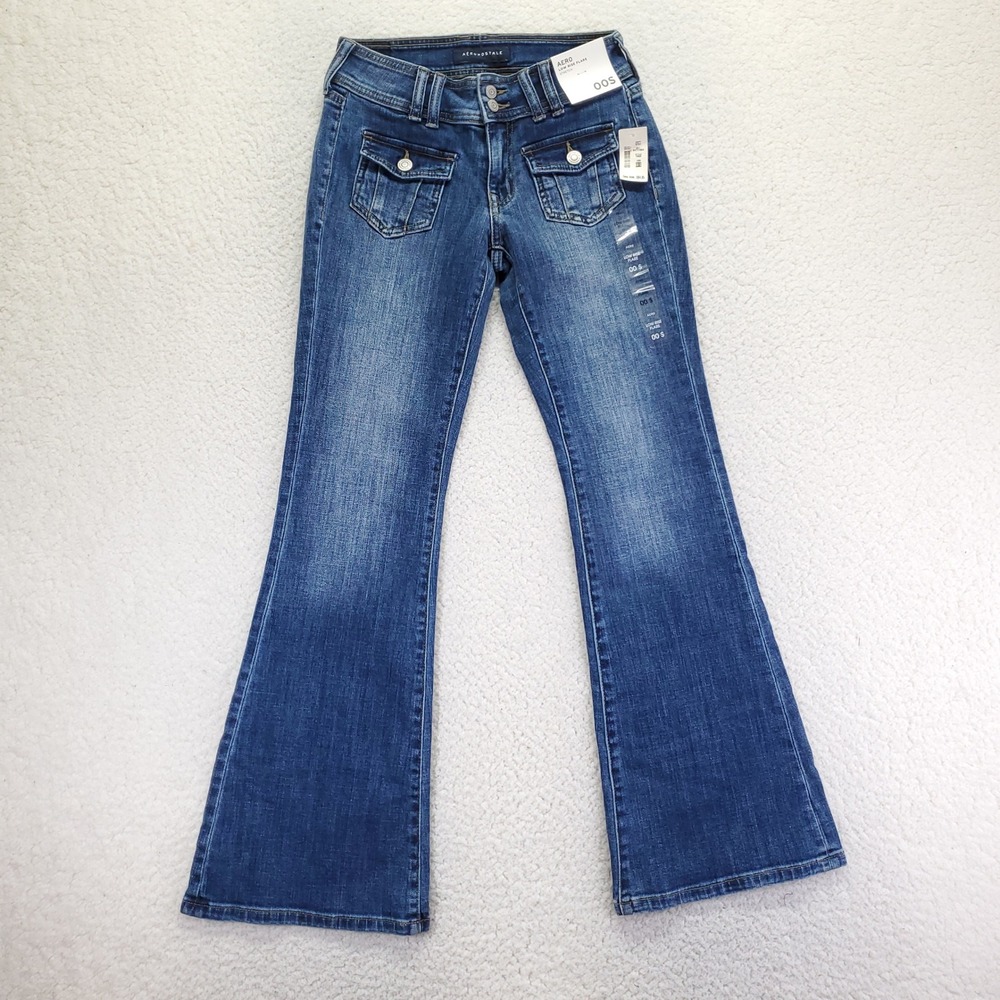 Aeropostale Low Rise Flare Jeans Medium Wash Stretch Front Flap Pockets 00 Short